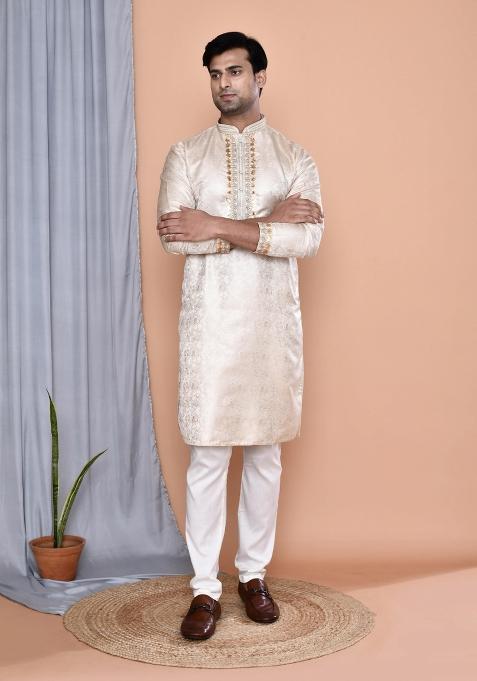 Gold Embroidered Cotton Blend Kurta For Men