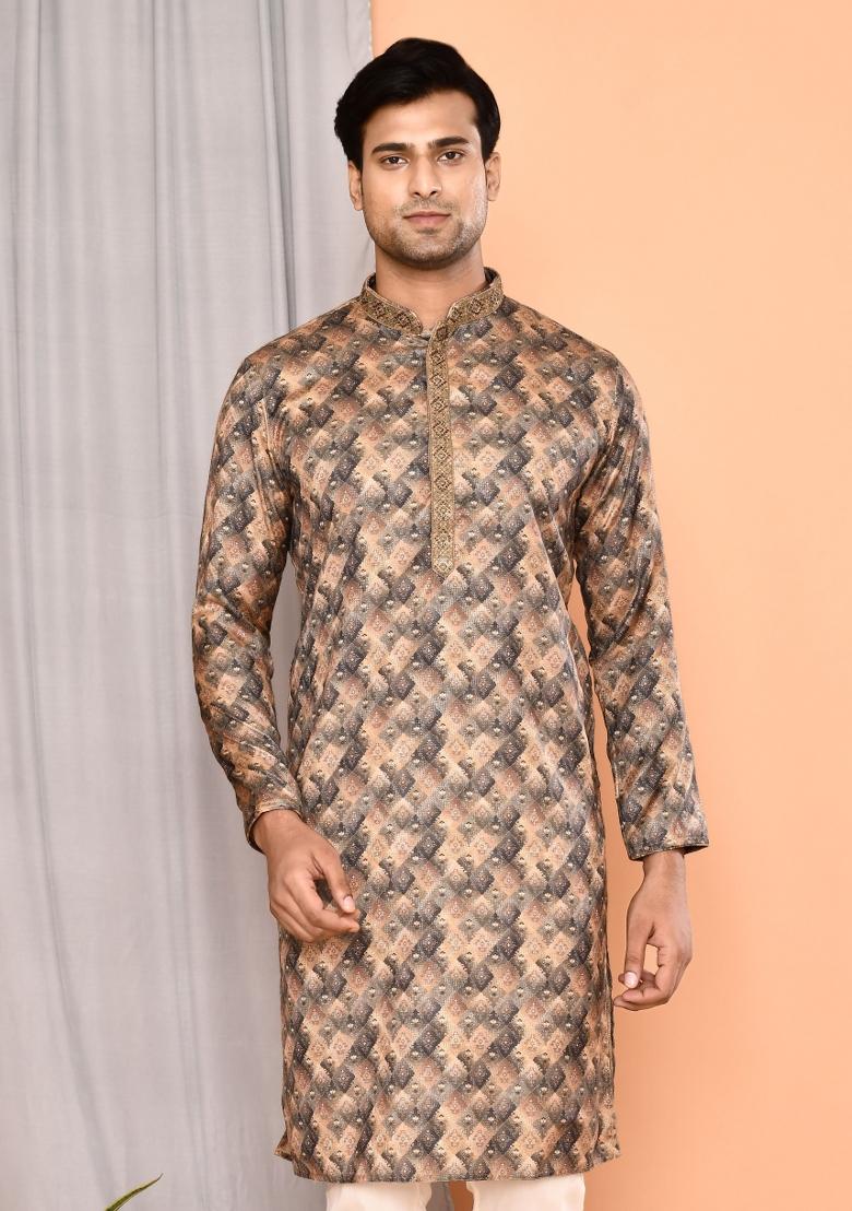 Brown Printed Cotton Kurta For Men - Indya