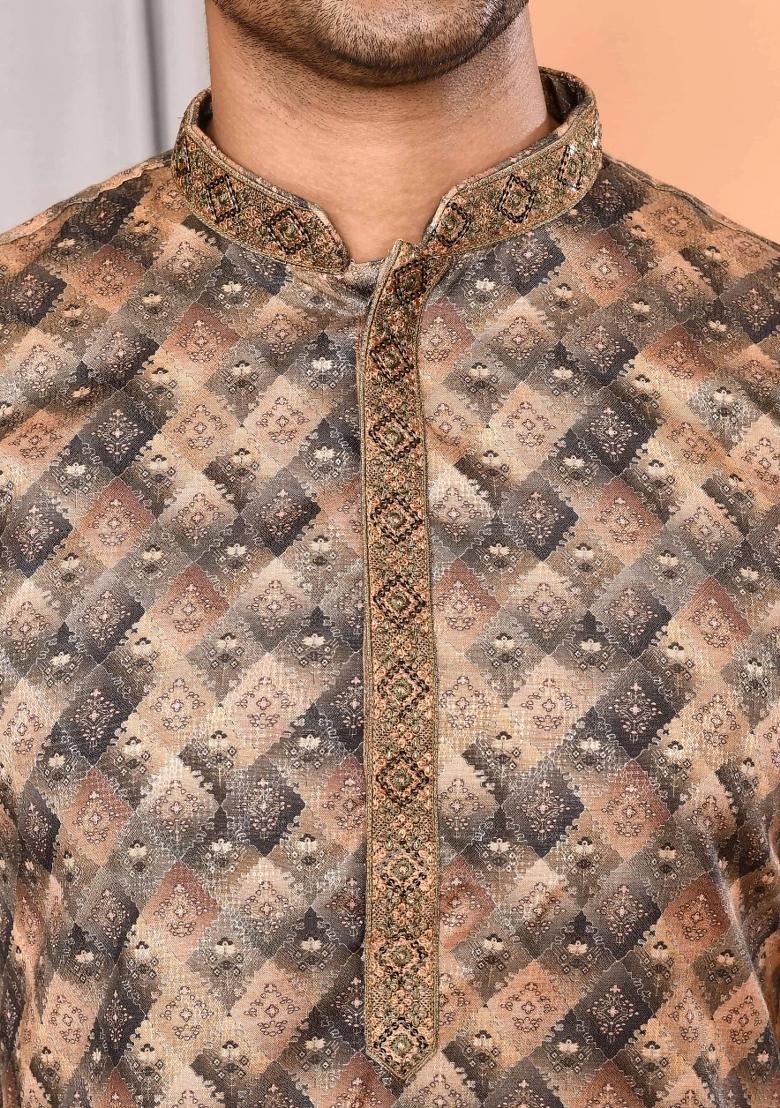 Brown Printed Cotton Kurta For Men - Indya