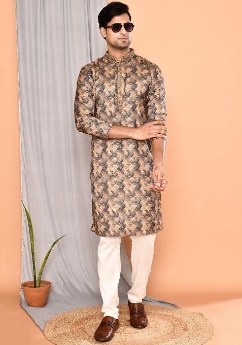 Brown Printed Cotton Kurta For Men
