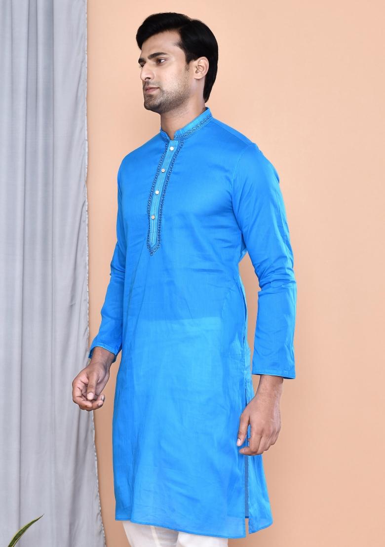 Blue Embroidered Cotton Kurta For Men - Indya