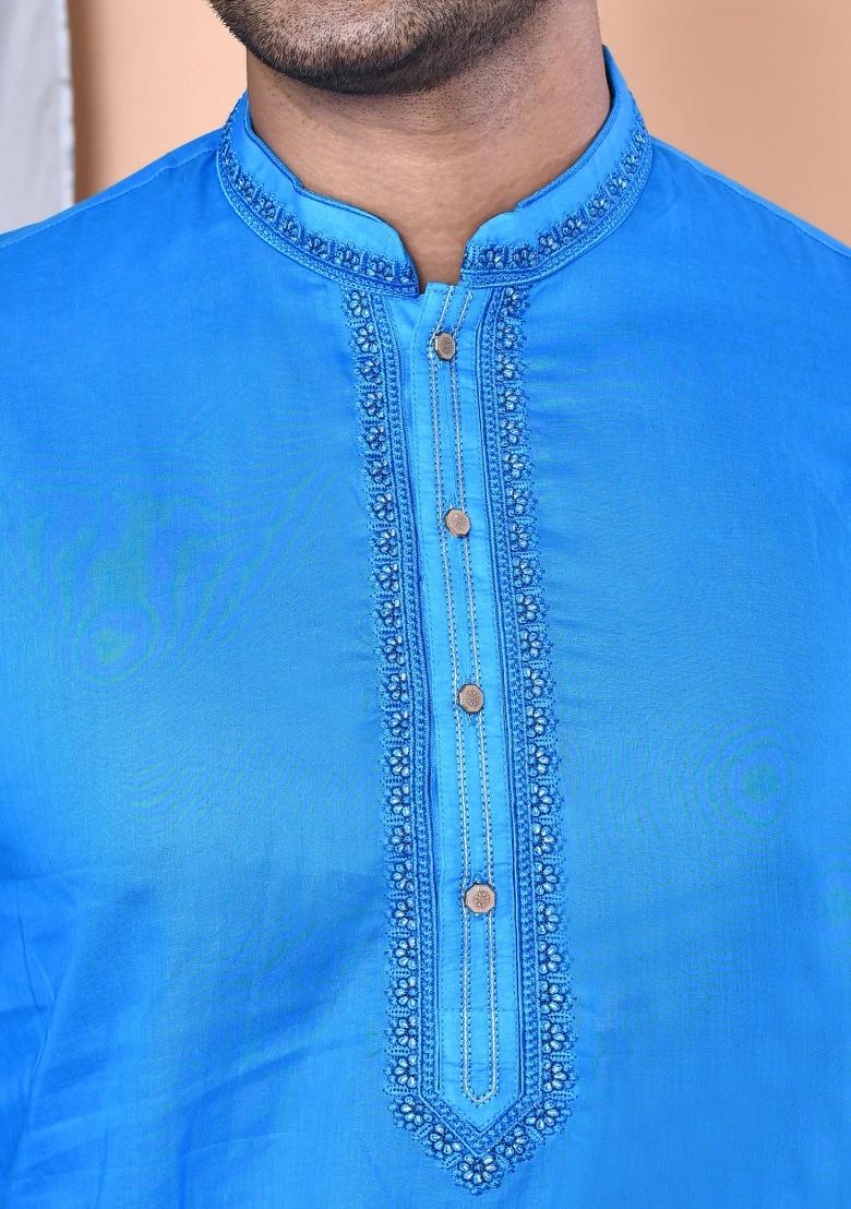 Blue Embroidered Cotton Kurta For Men - Indya