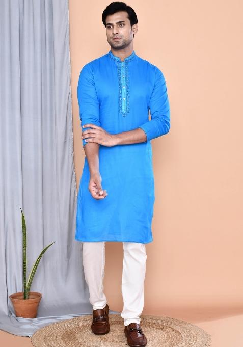Blue Embroidered Cotton Kurta For Men