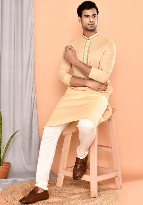 Cream Embroidered Cotton Kurta For Men