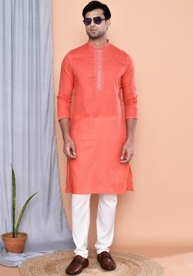 Red Embroidered Cotton Kurta For Men