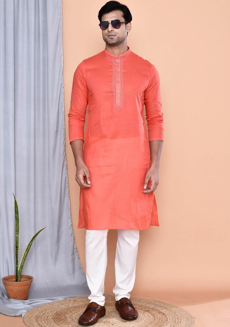 Red Embroidered Cotton Kurta For Men