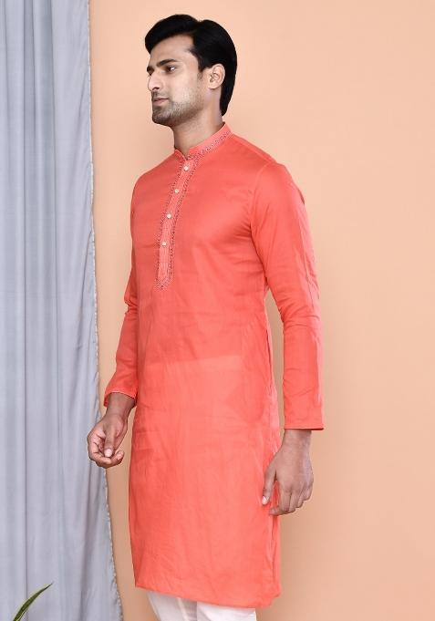 Red Embroidered Cotton Kurta For Men