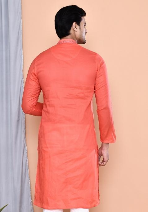 Red Embroidered Cotton Kurta For Men