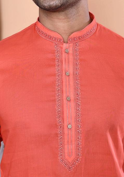 Red Embroidered Cotton Kurta For Men