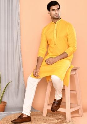 Yellow Embroidered Cotton Kurta For Men