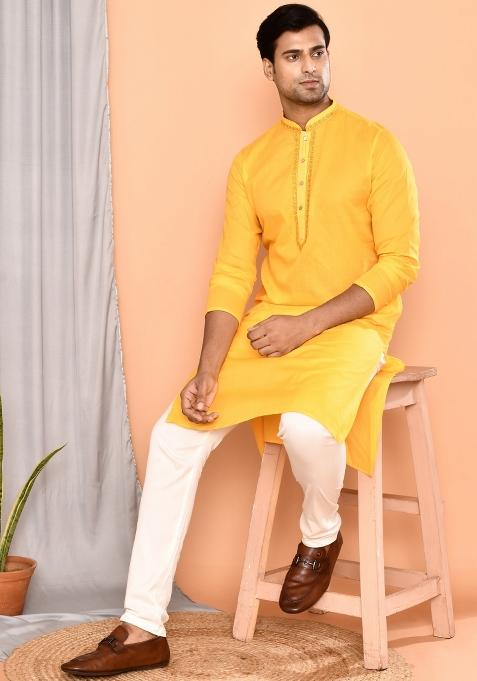 Yellow Embroidered Cotton Kurta For Men