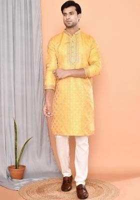 Yellow Embroidered Cotton Kurta For Men