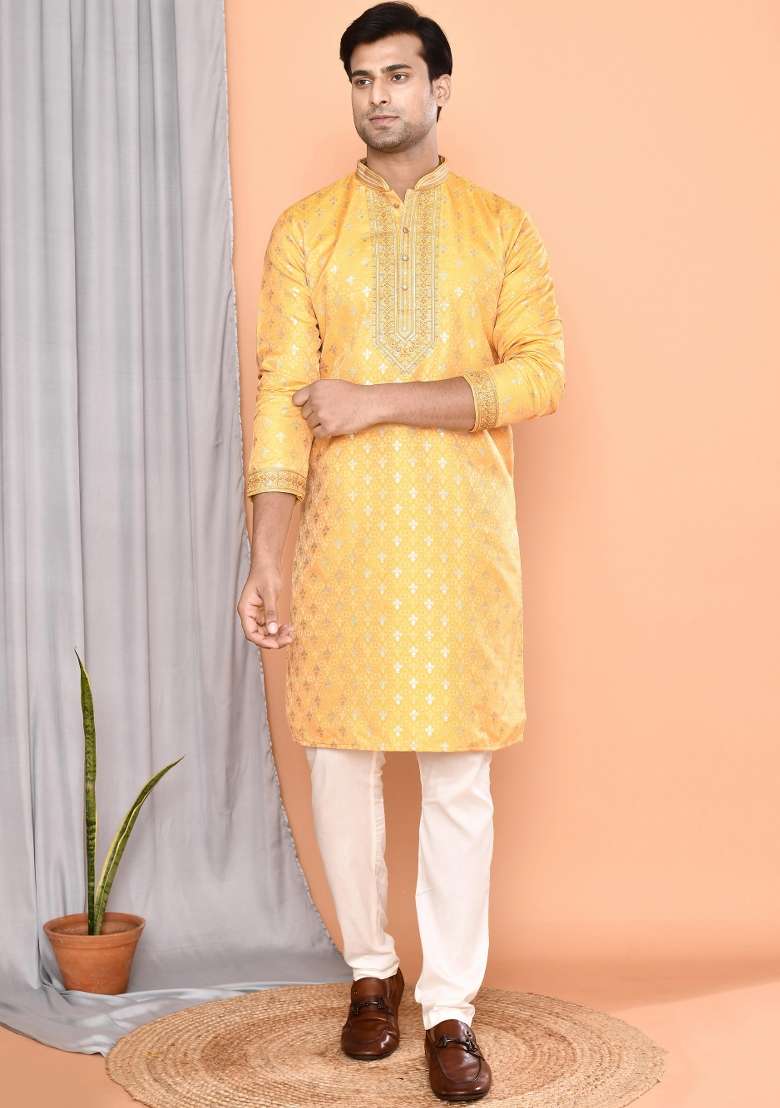 Yellow Embroidered Cotton Kurta For Men - Indya
