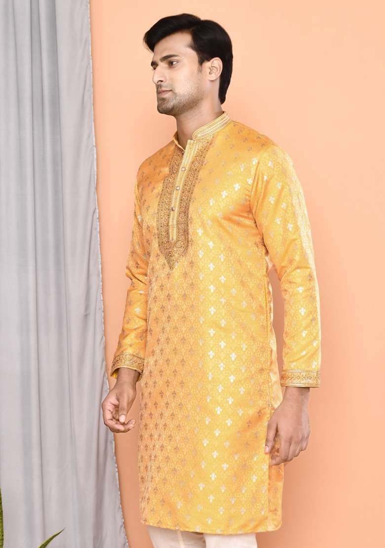 Yellow Embroidered Cotton Kurta For Men - Indya