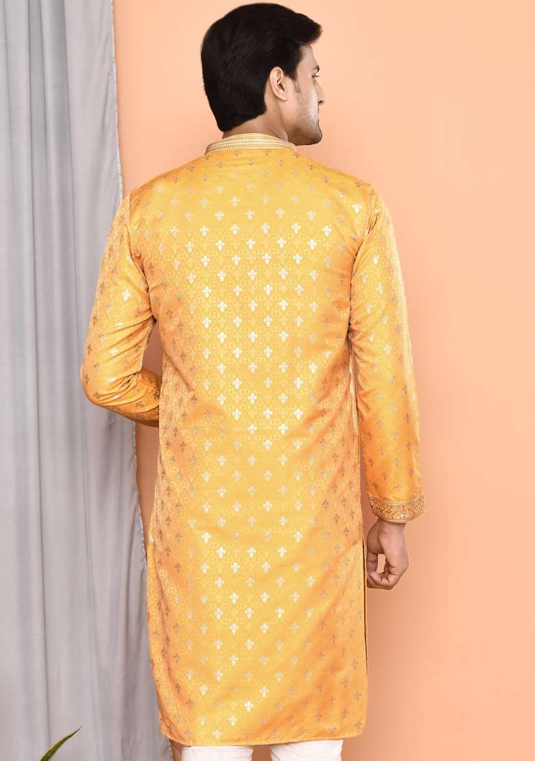 Yellow Embroidered Cotton Kurta For Men - Indya