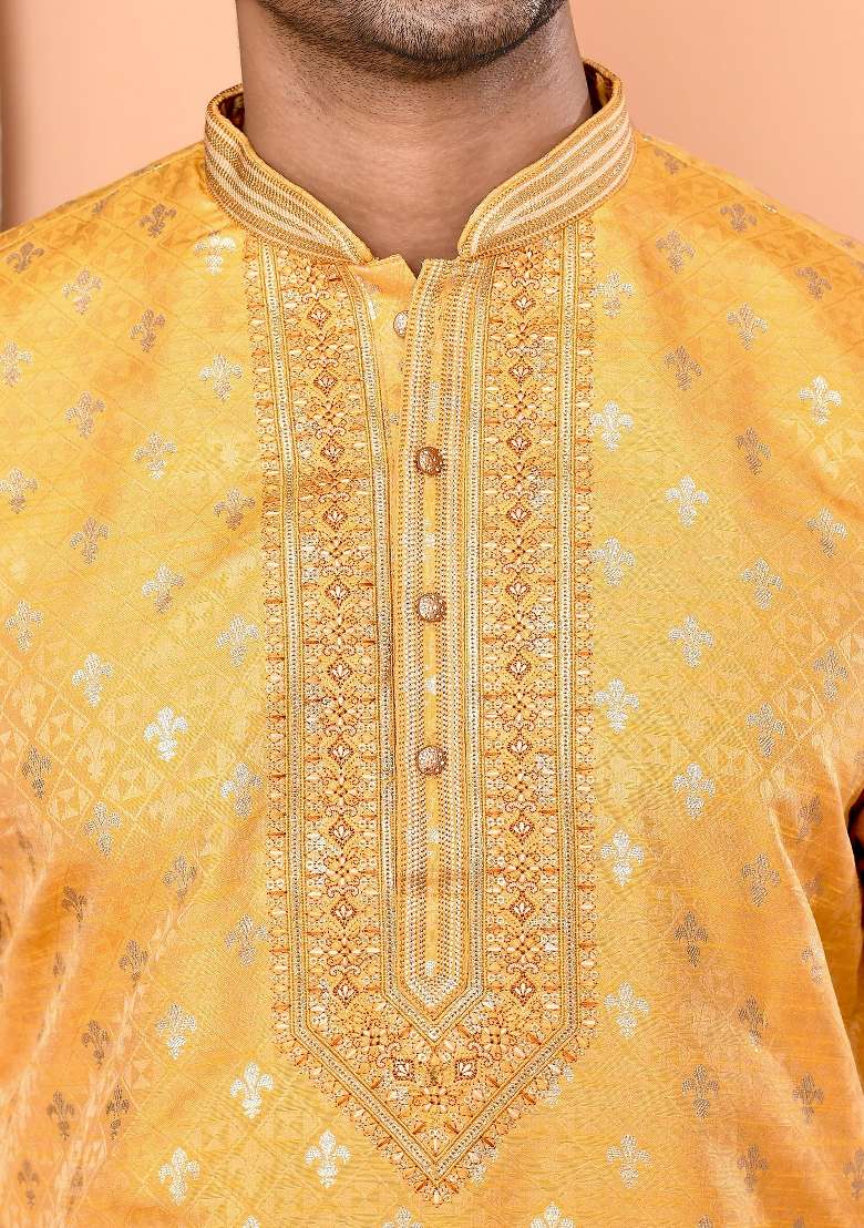 Yellow Embroidered Cotton Kurta For Men - Indya