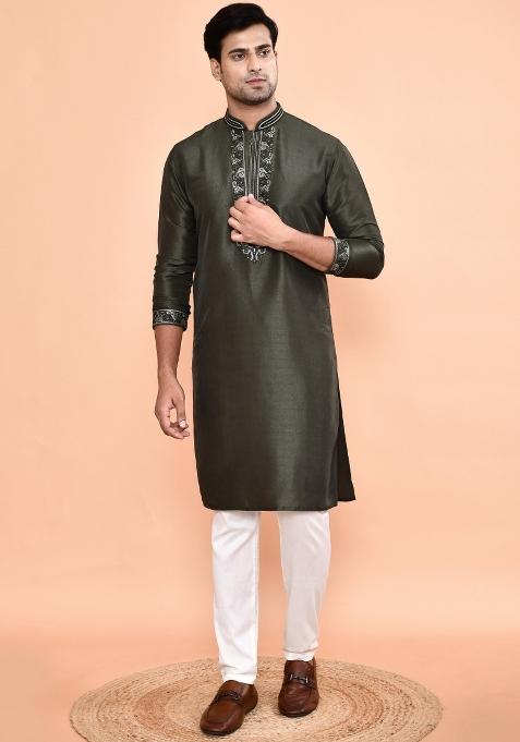 Green Embroidered Cotton Kurta For Men
