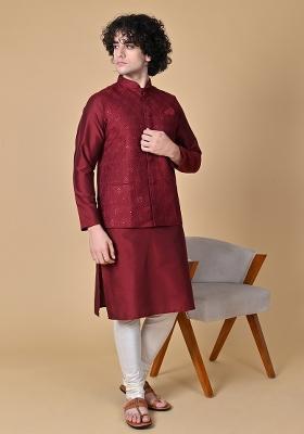 Maroon Embroidered Cotton Nehru Jacket Sets For Men