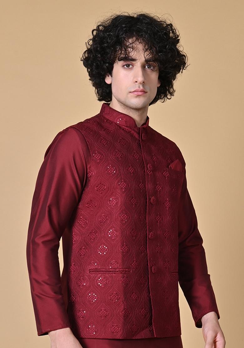 Maroon Embroidered Cotton Nehru Jacket Sets For Men - Indya