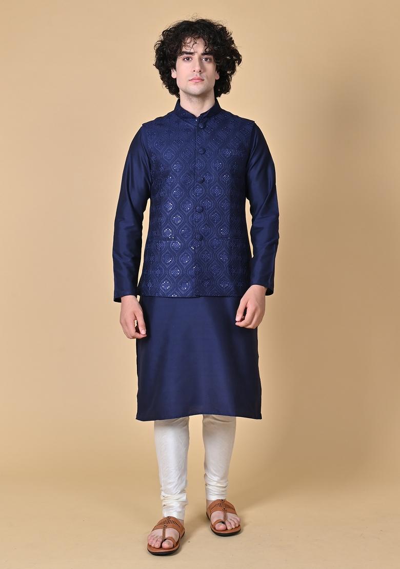 Navy Blue Embroidered Cotton Nehru Jacket Sets For Men