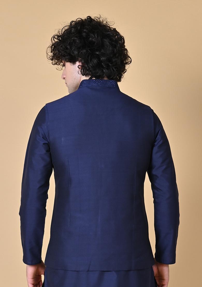 Navy Blue Embroidered Cotton Nehru Jacket Sets For Men