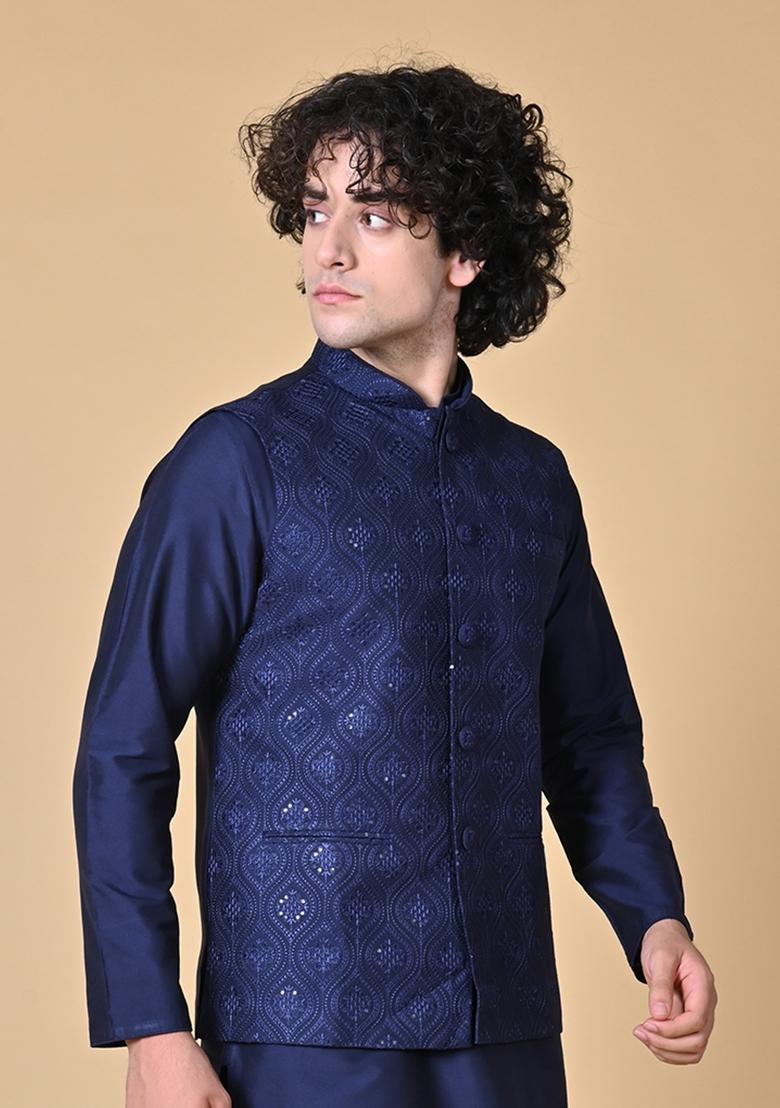 Navy Blue Embroidered Cotton Nehru Jacket Sets For Men - Indya
