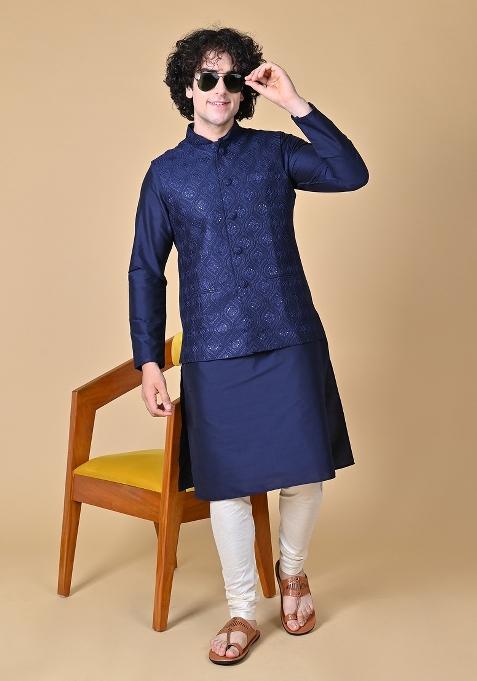 Navy Blue Embroidered Cotton Nehru Jacket Sets For Men