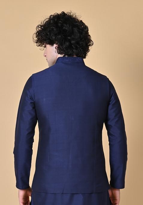 Navy Blue Embroidered Cotton Nehru Jacket Sets For Men