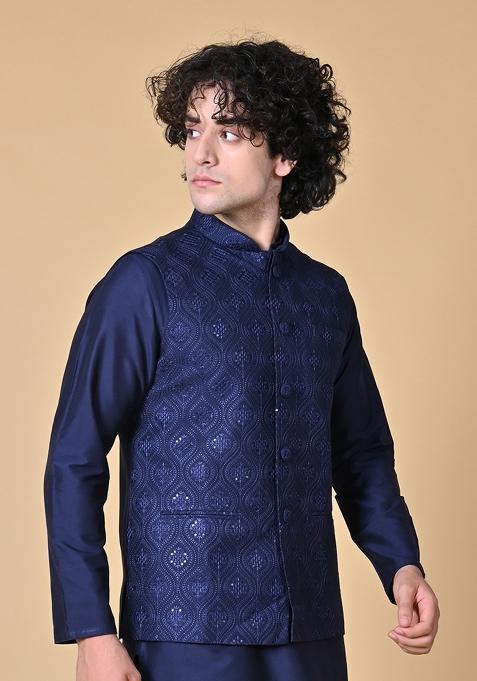 Navy Blue Embroidered Cotton Nehru Jacket Sets For Men