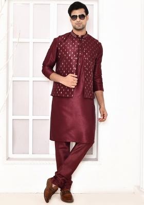Maroon Printed Art Silk Nehru Jacket Sets For Men