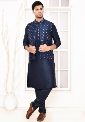 Navy Blue Printed Art Silk Nehru Jacket Sets For Men