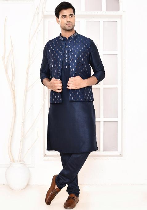 Navy Blue Printed Art Silk Nehru Jacket Sets For Men