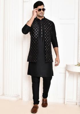 Black Printed Art Silk Nehru Jacket Sets For Men