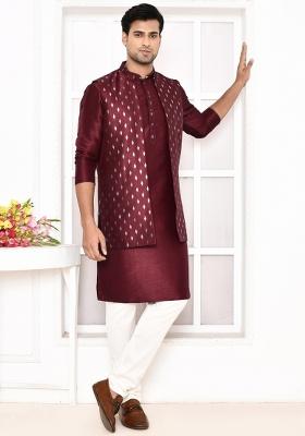 Maroon Printed Art Silk Nehru Jacket Sets For Men