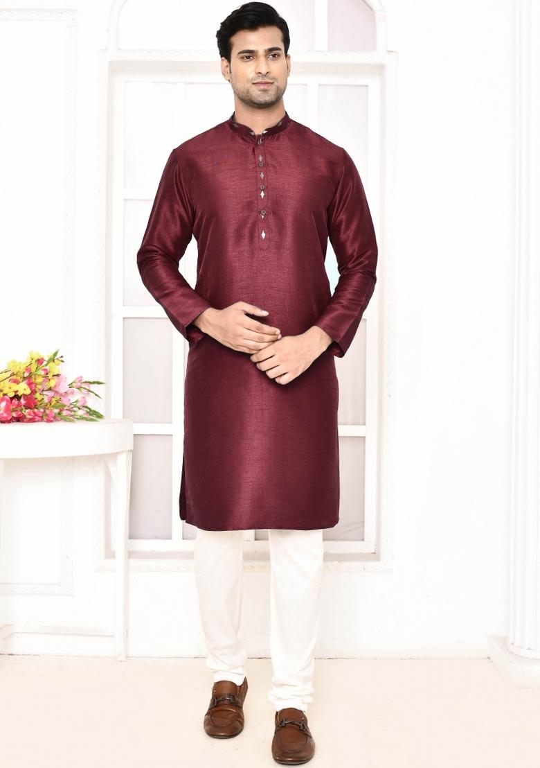 Maroon Printed Art Silk Nehru Jacket Sets For Men
