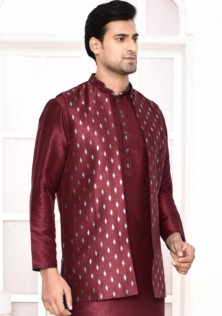 Maroon Printed Art Silk Nehru Jacket Sets For Men