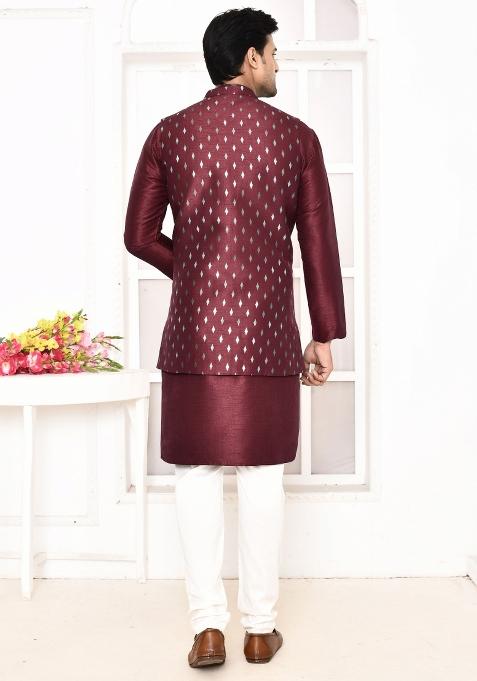 Maroon Printed Art Silk Nehru Jacket Sets For Men