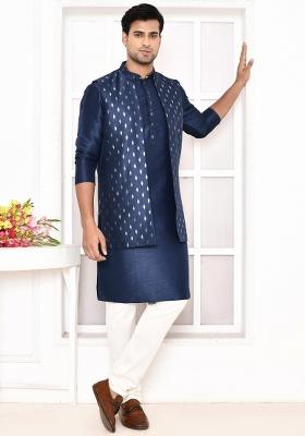 Navy Blue Printed Art Silk Nehru Jacket Sets For Men