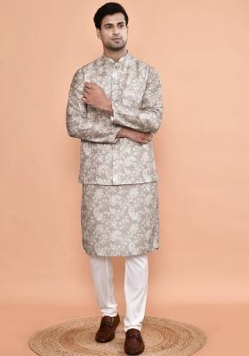 Brown Printed Cotton Nehru Jacket Sets For Men