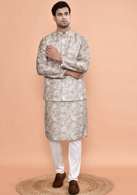 Brown Printed Cotton Nehru Jacket Sets For Men