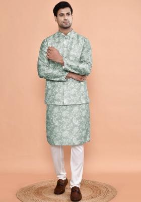 Green Printed Cotton Nehru Jacket Sets For Men