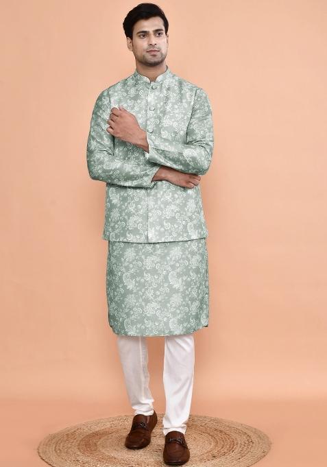 Green Printed Cotton Nehru Jacket Sets For Men