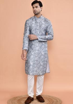 Grey Printed Cotton Nehru Jacket Sets For Men