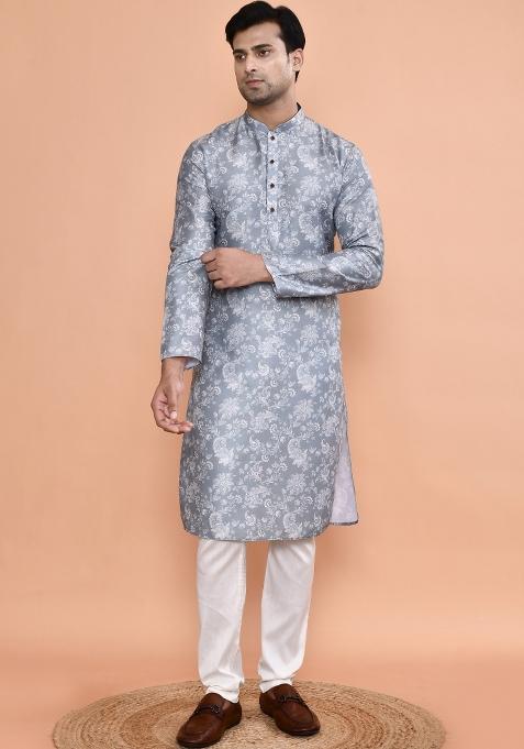 Grey Printed Cotton Nehru Jacket Sets For Men