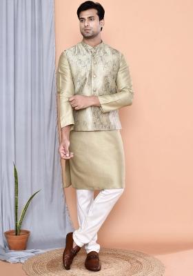 Pista Green Printed Art Silk Nehru Jacket Sets For Men
