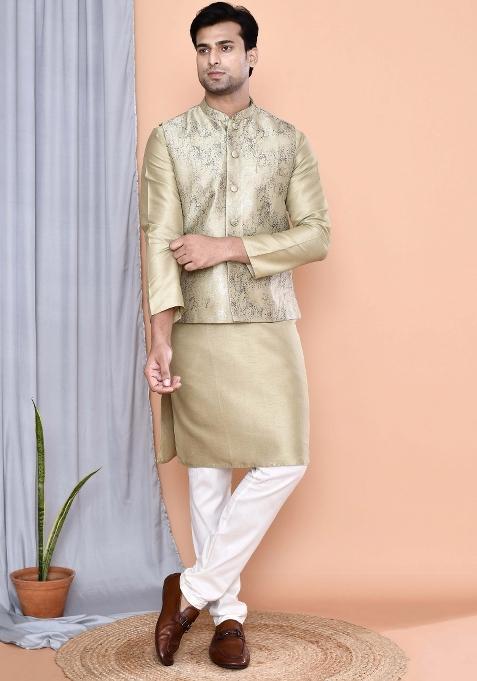 Pista Green Printed Art Silk Nehru Jacket Sets For Men