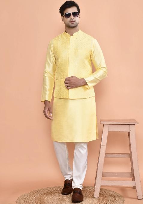 Yellow Embroidered Art Silk Nehru Jacket Sets For Men