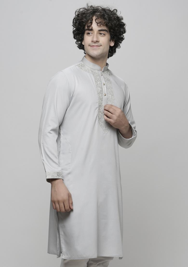 Silver Embroidered Cotton Blend Kurta Sets For Men