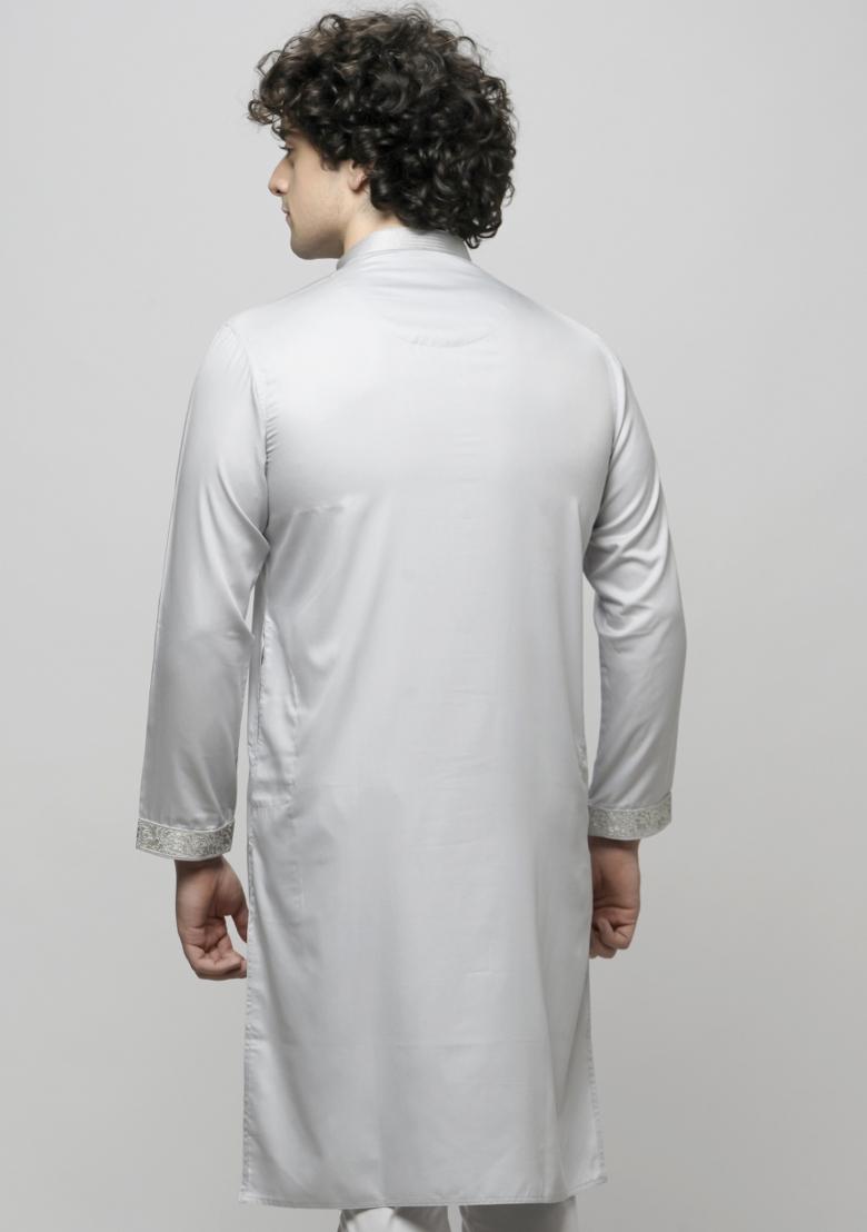 Silver Embroidered Cotton Blend Kurta Sets For Men