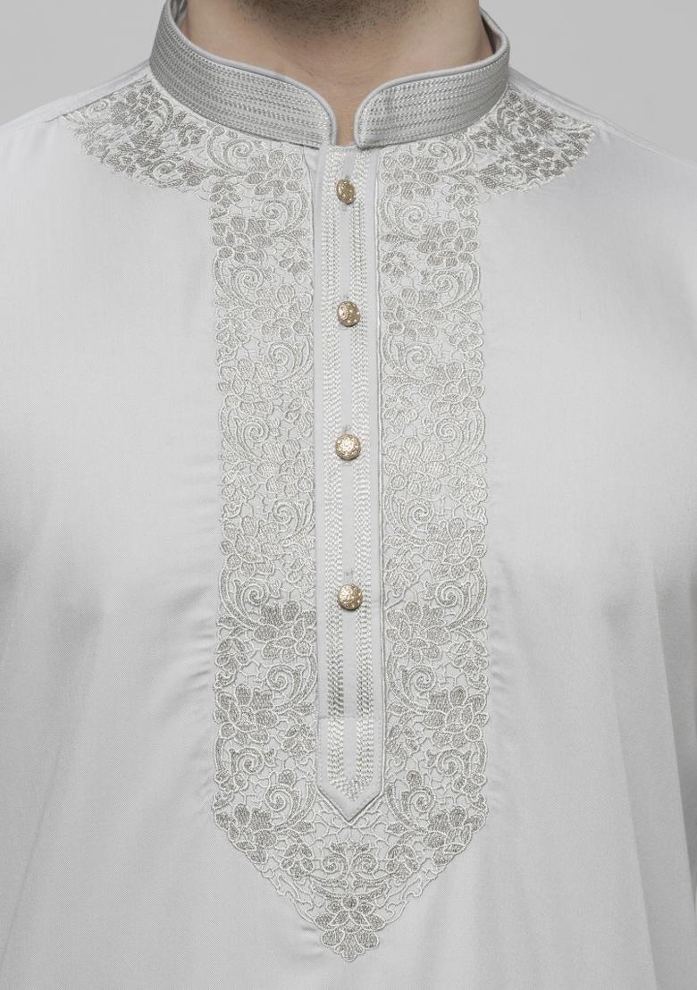 Silver Embroidered Cotton Blend Kurta Sets For Men